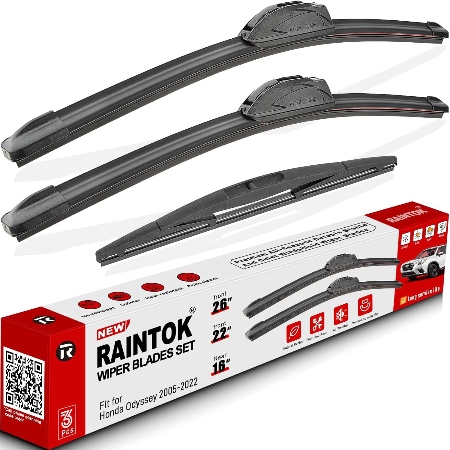 Windshield Wiper Blade Set Replacement for 2005-2022 Honda Odyssey Original Equipment Replacement Front Rear Wiper Blades-26"/22"/16" (Set of 3) U/J Hook