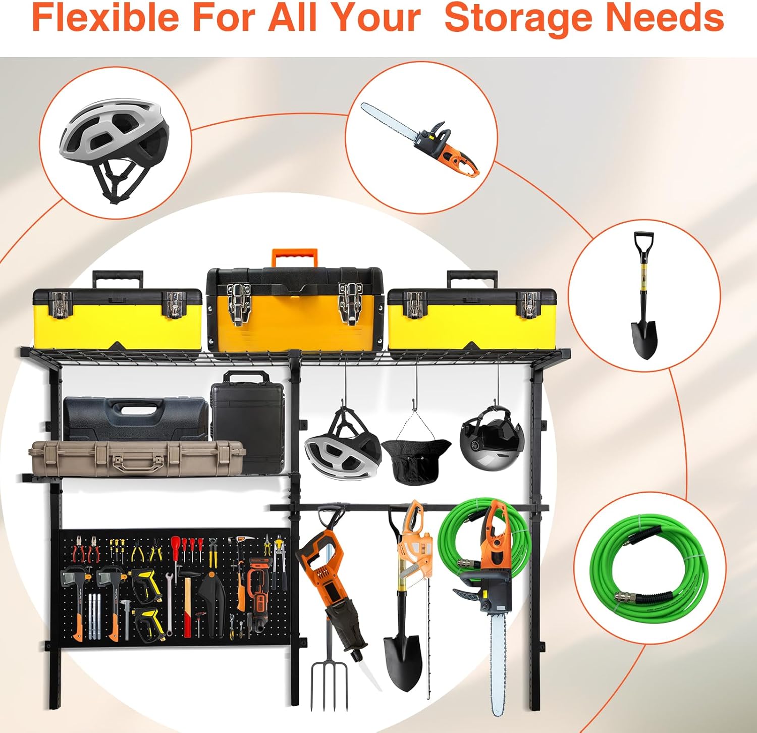 Garage Shelf Wall Mounted with Pegboard Heavy Duty Garage Wall Shelving with Garden Tool Rack and Hooks Garage Tool Organizer for Home Garden Yard Organization and Storage Holds 500lbs