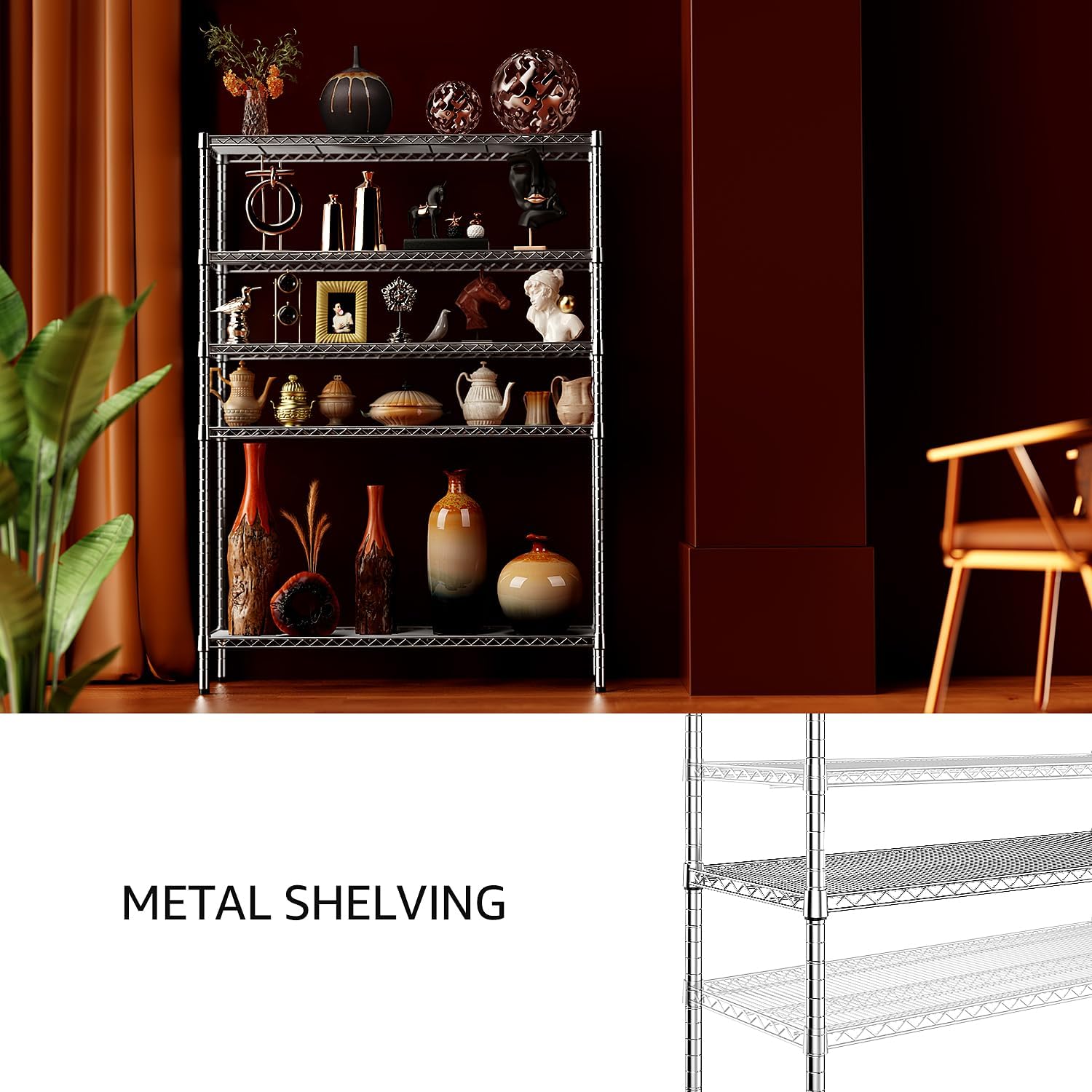 IZEUK 3300 LBS Garage Shelving Wide Storage Shelves 5 Tier Metal Shelves Heavy Duty Adjustable Utility Shelf Rack Chrome 17.7" D x 59.1" W x 70.4" H