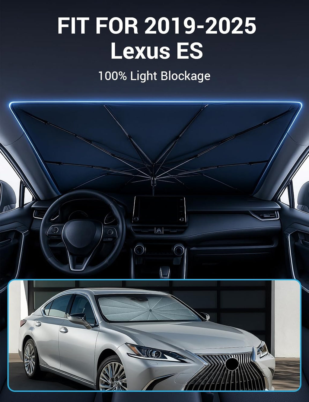 Proadsy Windshield Sun Shade Umbrella for Lexus ES 2019-2025 ES350 ES300h Foldable Car Umbrella Sunshade with Soft TPU Handle Spring Structure Crystal Cooling Material Protect Car from Rays & Heat