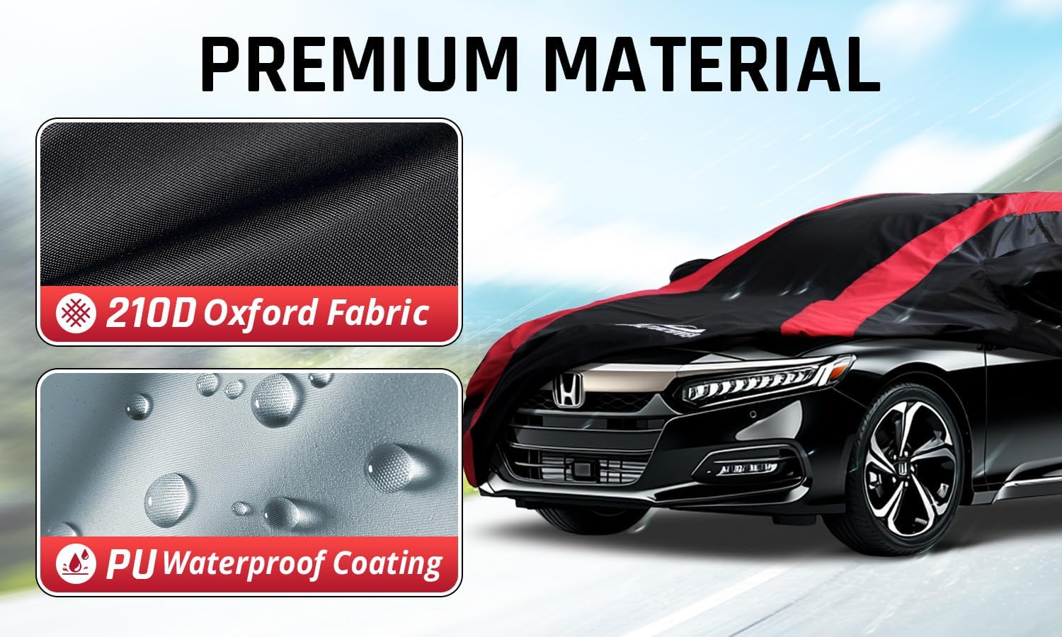 Honda Accord Car Cover Waterproof All Weather with Red Strip Design, Custom Fit for Honda Accord 1998–2025, Accord Accessory with Door Zipper & Windproof Straps