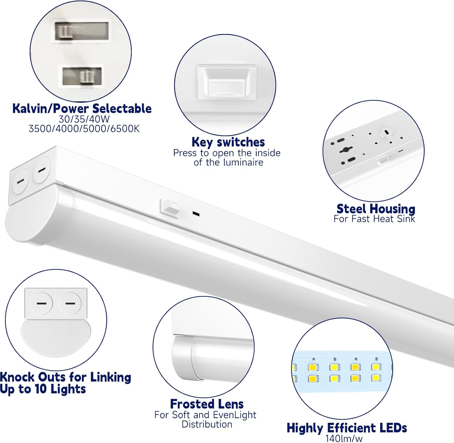 4FT LED Linear Strip Light, LED Shop Lights 40W/35W/30W Selectable,4 Color Selectable 3500K-6500K Adjustable,0-10V Dimmable Commercial Garage Office Ceiling Light Fixture, ETL DLC Listed (9 Pack)