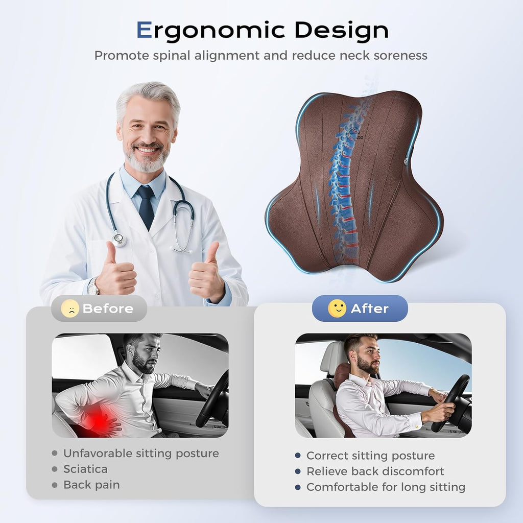 Coverado Car Lumbar Support Pillow and Car Neck Pillow Kit, Ergonomic Design Car Headrest Pillow for Driving, Relax Back Head Muscles Relieve Driving Fatigue, Breathable & Removable Cover, Coffee