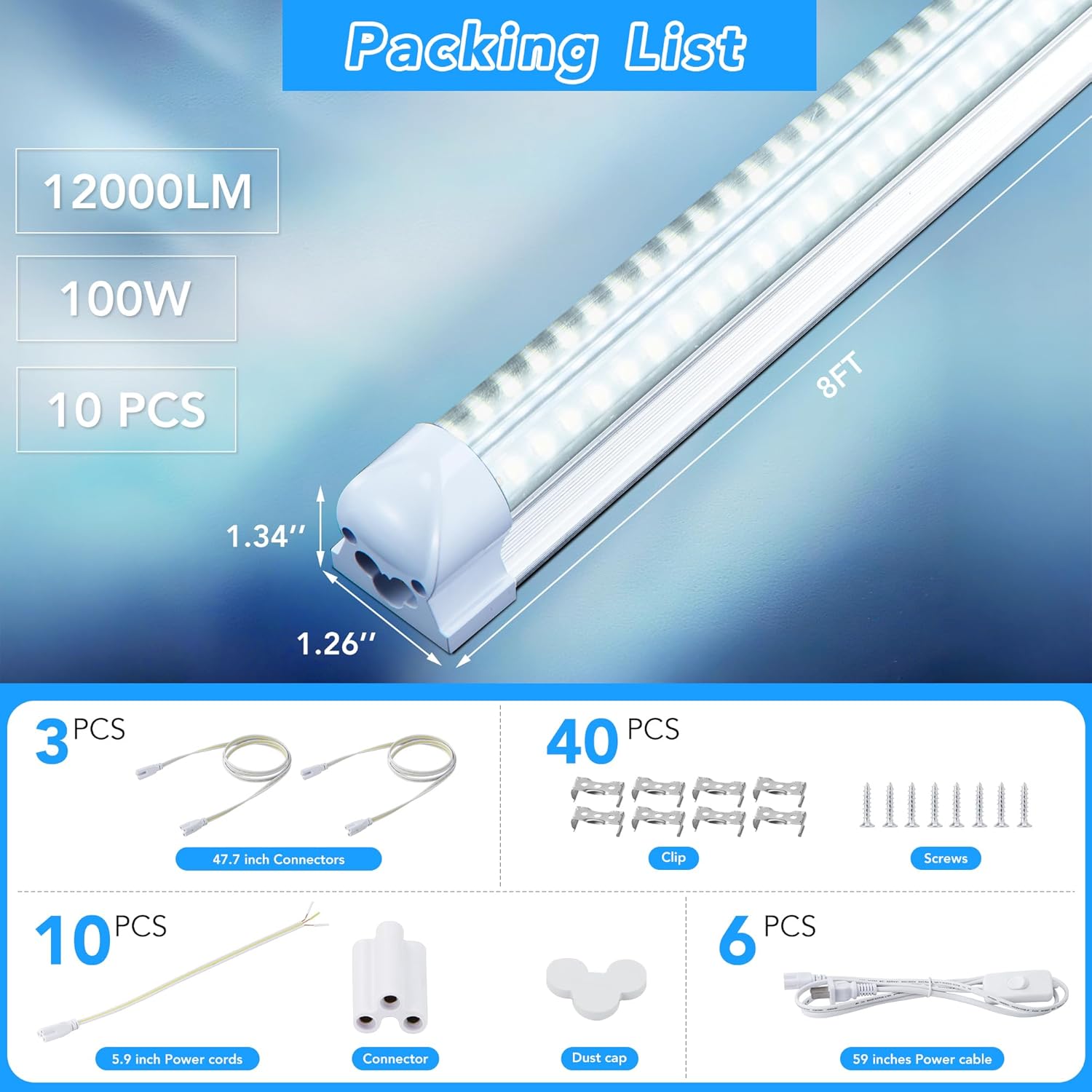 10 Pack 8FT T8 LED Shop Lights, 100W Integrated Tube Light, 19200LM 6000-6500K Daylight, Linkable Lighting, Plug & Play Energy-Saving Commercial Bay Lighting Garage Warehouse Basement (V2)
