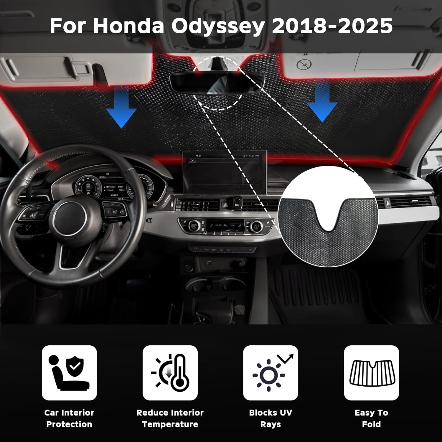 Windshield Sun Shade for Honda Odyssey (LX EX EX-L Touring Elite Minivan) 2018-2025 - 5-Layer Bubble Foldable Front Window Shade Sun Visor Accessories - Blocks Heat & UV Rays