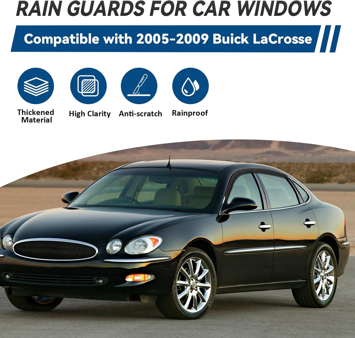 4pcs Window Visors Compatible with 2005-2009 Buick Lacrosse Front+Rear Smoke Tint Sun/Rain Guard Outside Mount Tape-On Vent 2006 2007 2008