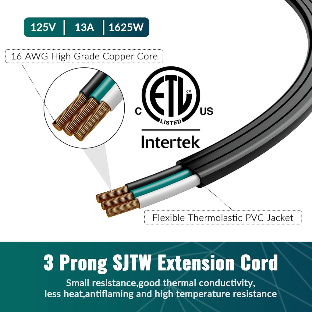 Elecan Flat Plug Extension Cord 1 Ft 2 Pack with Slim Space-Saving Plug Design, Thin Flat Cable Low Profile Power Cord 3 Prong Grounded Wire, 16 Gauge 13 A/125 V-Black-ETL Certified