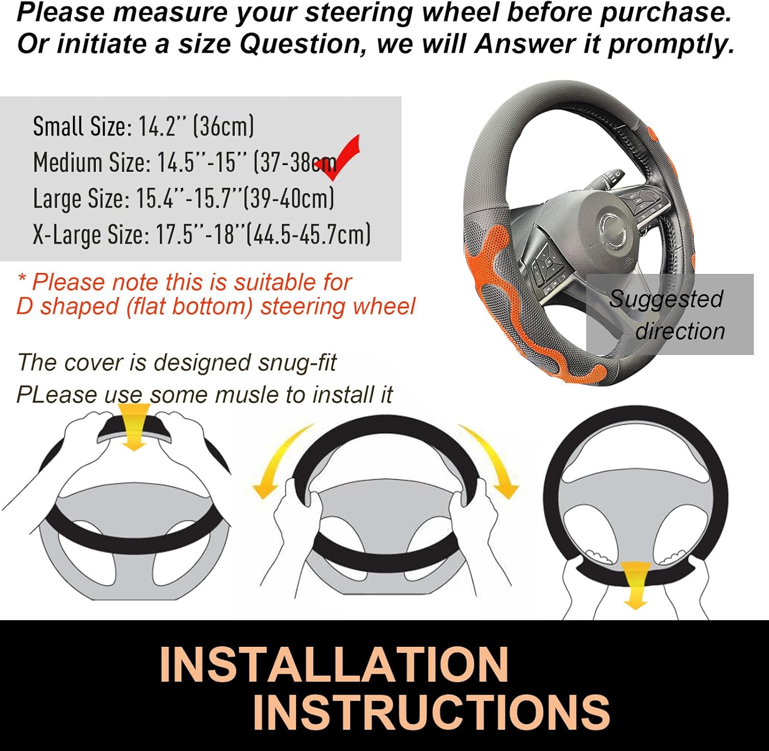 PINCTROT D Shaped Comfy Grip Steering Wheel Cover, Anti-Slip Design, Flat Bottom 14.5-15 Inch(Silicone Orange)