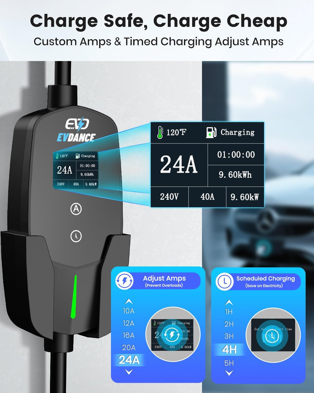 Level 2 EV Charger 24Amp 240V - NEMA 14-30P Charging Station, 25FT Cable for Home/Garage, J1772 Electric Vehicles & Adjustable Current (10-24A) (for J1772(Non-Tesla Evs), NEMA 10-30 Plug)