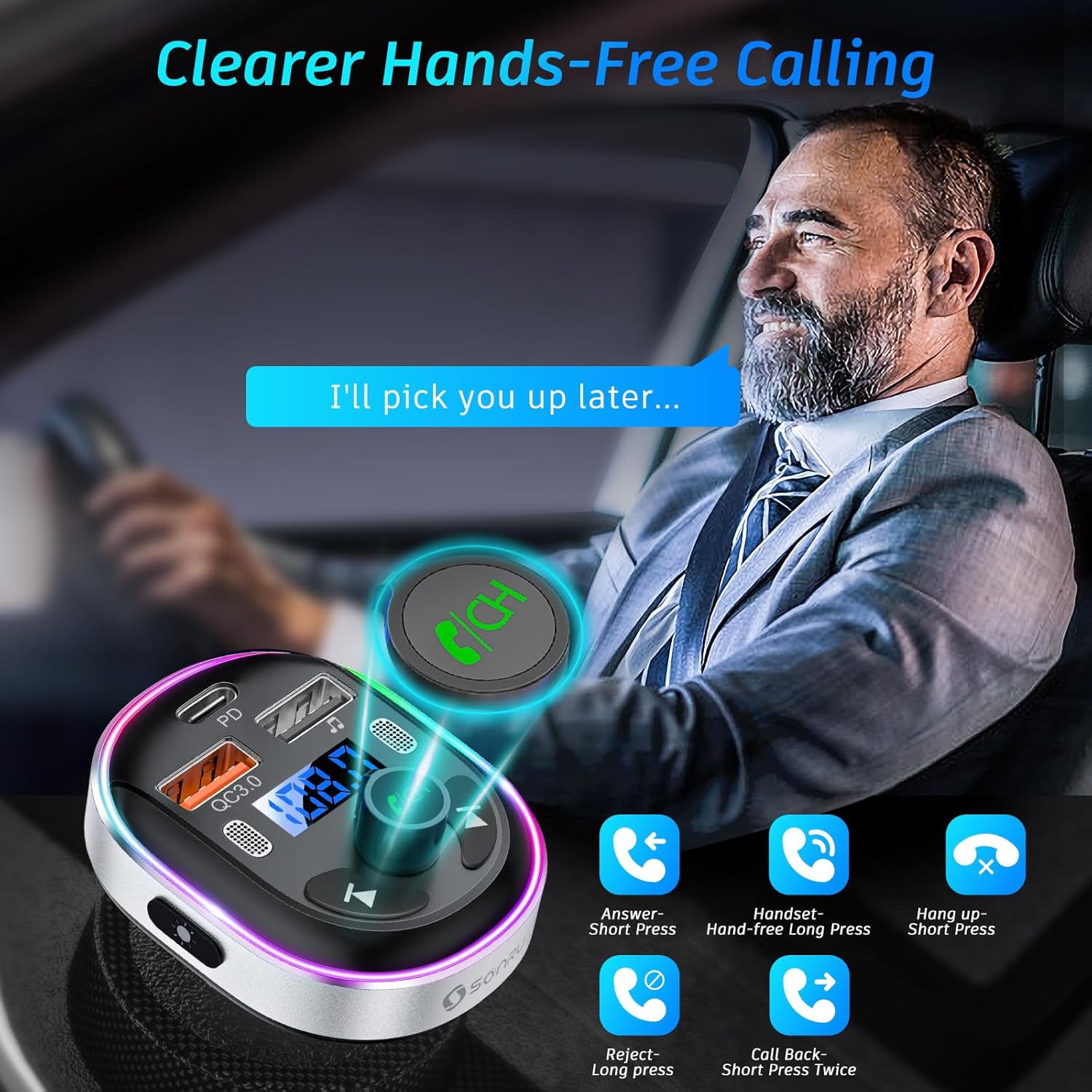 SONRU Bluetooth 5.3 FM Transmitter for Car, Bluetooth Car Adapter, PD 30W & QC3.0 18W Fast Car Charger, Wireless FM Radio Music Adapter, Stronger Dual Mics/7 Colored LED Backlit/Hands-Free Calling