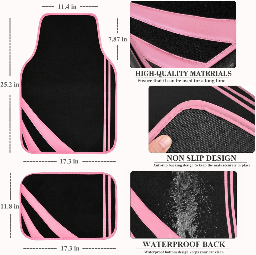 CAR PASS Pink Edge Faux Leather Car Floor Mats Universal Car Carpet Mats with Double Stitch Line Anti-Slip Backing Design, for Cute Girly Women, Fit 95% Automotive,SUVs,Sedan,Vans (Black and Pink)