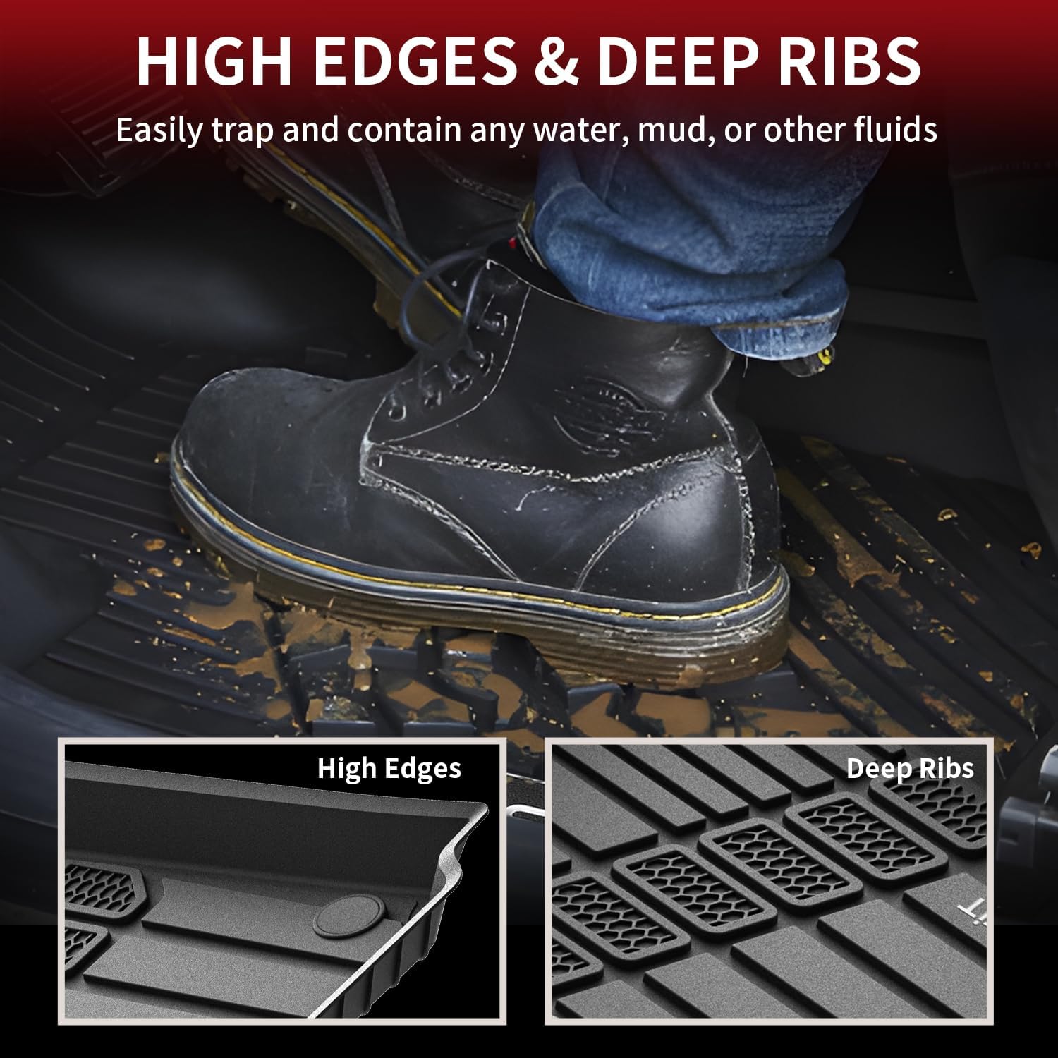 LASFIT Floor Mats for Jeep Grand Cherokee L 2021-2025 (ONLY for 6-Passenger Without Center Console) All Weather TPE Custom Fit Car Mats Floor Liners 1st & 2nd & 3th Row, Black