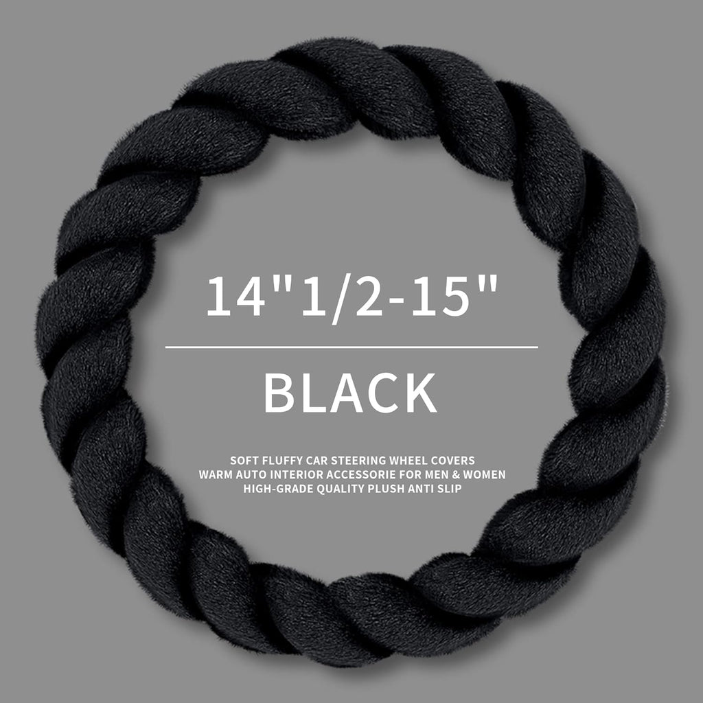 Luxury Fluffy Winter Car Steering Wheel Cover for Women Soft Warm Plush Cute Auto Accessories for Vehicle, Sedan, Universal, Fuzzy, Anti Slip, Black, Standard Size, 14.75-15.15"
