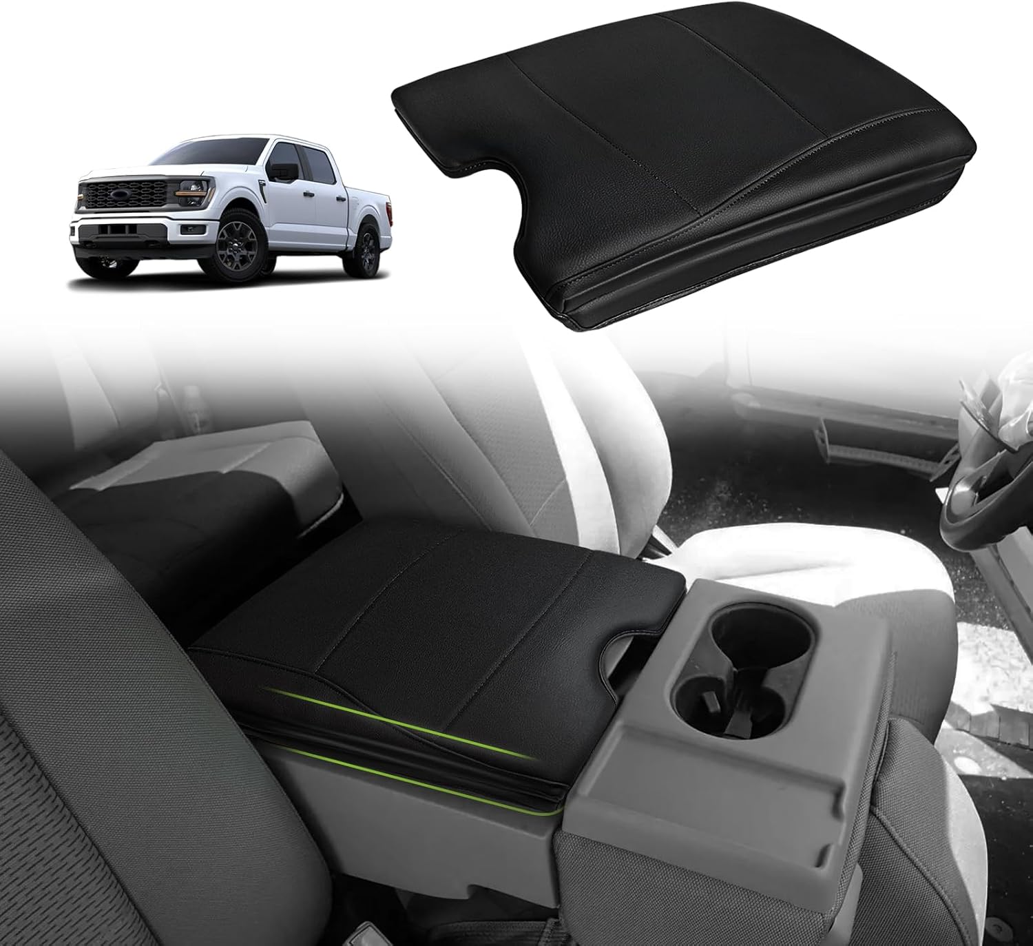 Muslogy Center Console Armrest Cover Compatible with Ford F-150 F150 2015-2024 2025 Comfort Armrest Pad Arm Rest Cushion Vegan Leather Protector 1-Inch Extra Thick(Jump Seat ONLY)