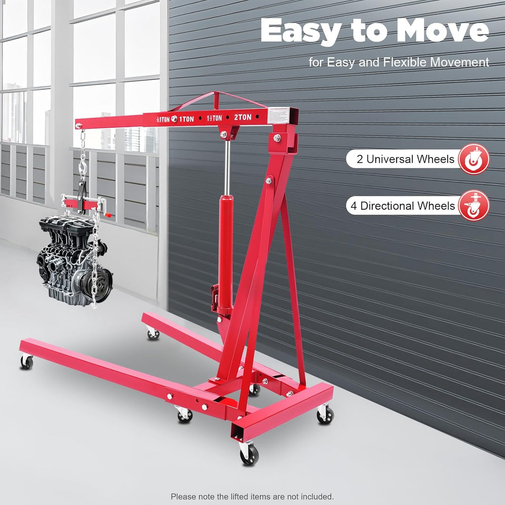 Folding Engine Crane 2 Ton Folding Engine Hoist with Engine Leveler 4400lbs Hydraulic Crane with 6 Iron Caster Wheels for Garage, Workshop (Red)