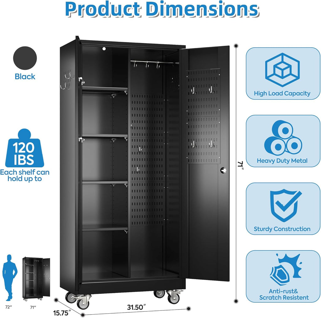 Garage Storage Cabinet with Wheels and 5 Pegboard, 71" H Metal Storage Cabinets with 2 Locking Doors and 4 Shelves, Broom Closet Storage Cabinet with Hanging Rod and 13 Hooks, Black