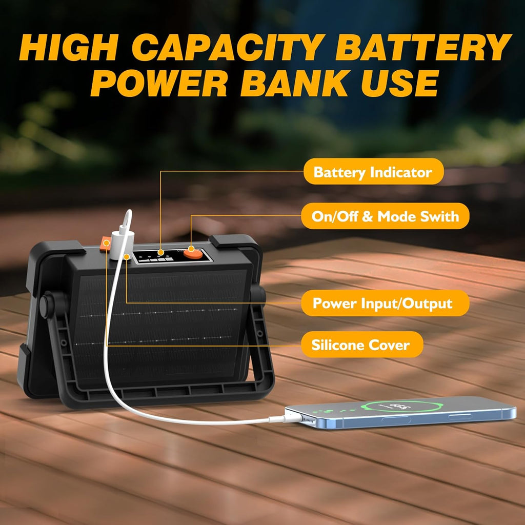 120W Solar Rechargeable Work Light, 144 LED 10000LM Led Work Light with 4 Modes, Portable Flood Light with Stand, IP66 Waterproof Outdoor Working Light for Emergency Mechanic Camping Repair (Black)