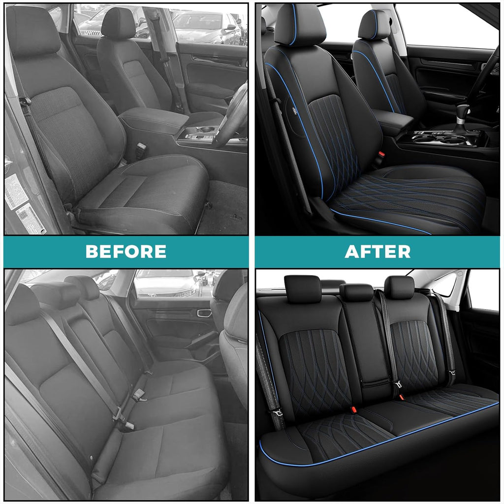 Seat Covers for Honda Civic Hatchback EX, Sport Touring, EXL 2016 2017 2018 2019 2020 2021, Faux Leather Car Seats Cover Full Set(Rear Row 40/60 Split & Folding Backrest)-BlackBlue