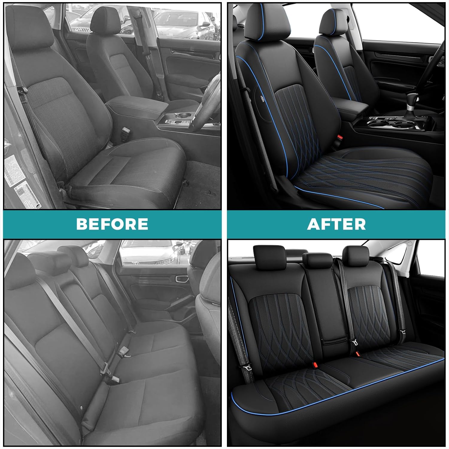 Seat Covers for Honda Civic Hatchback EX, Sport Touring, EXL 2016 2017 2018 2019 2020 2021, Faux Leather Car Seats Cover Full Set(Rear Row 40/60 Split & Folding Backrest)-BlackBlue