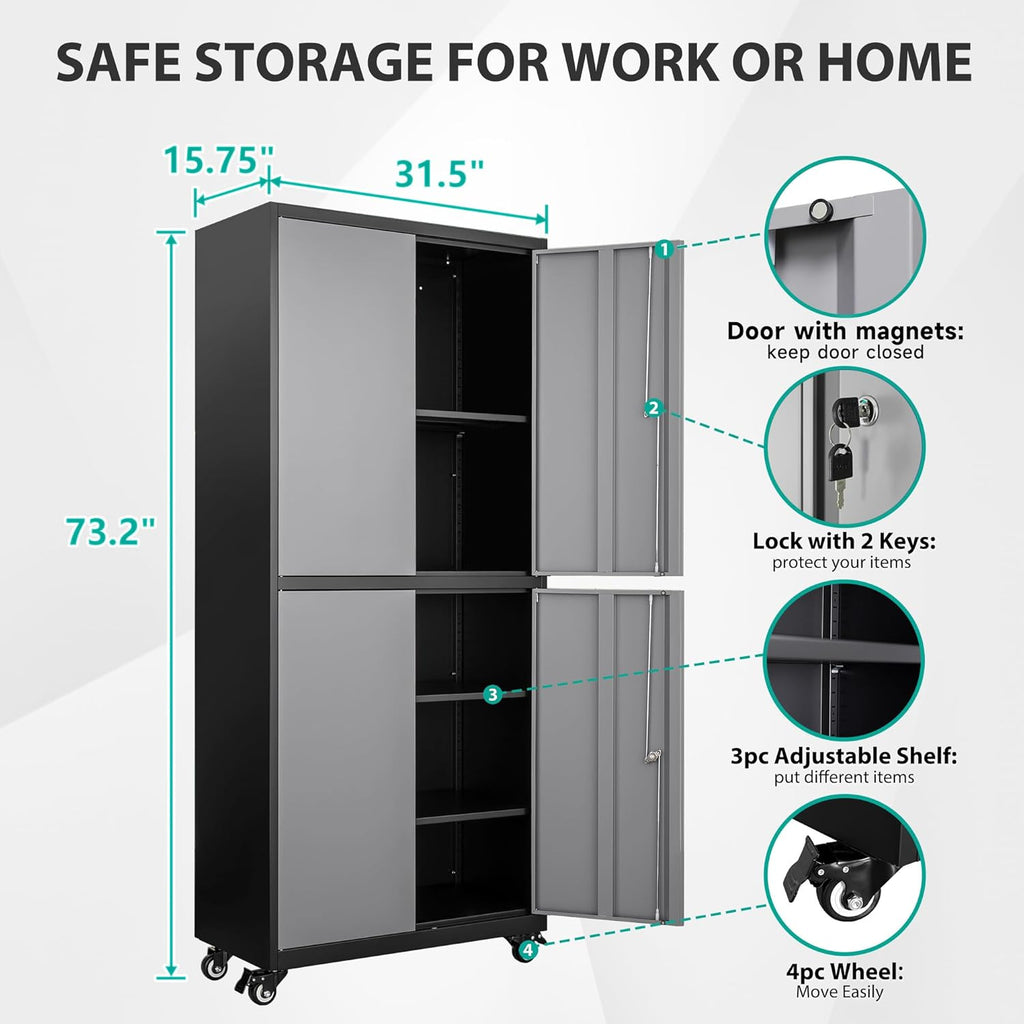 Metal Storage Cabinet with Wheels,Rolling Garage Storage Cabinet with Lock,Gray Lockable Metal Cabinets with Shelves,Tall Tool Cabinets on Wheels for Garage,Home,Office,Shop
