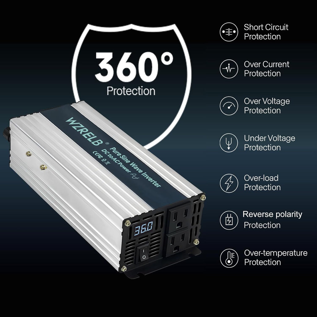 WZRELB 800W Pure Sine Wave Inverter 36V DC to 110V 120V AC Power Converter with LED Display, Off-Grid Portable Power Inverter with 2 AC Outlets for Home, RV, Truck, Camping