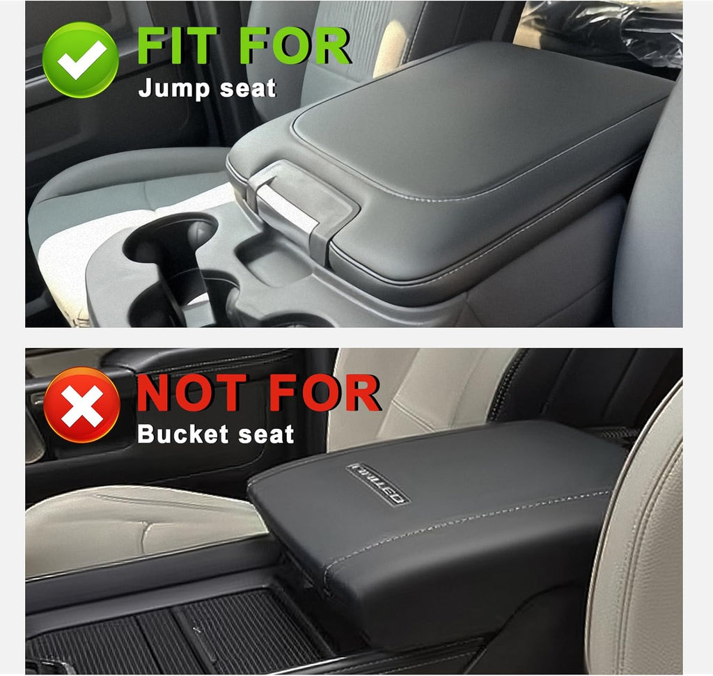 Muslogy Center Console Armrest Cover Compatible with Dodge Ram 1500 2013-2018 & 2013-2025 Ram 2500/3500 Comfort Armrest Pad Arm Rest Cushion Vegan Leather Protector Regular Thick(Jump Seat ONLY)