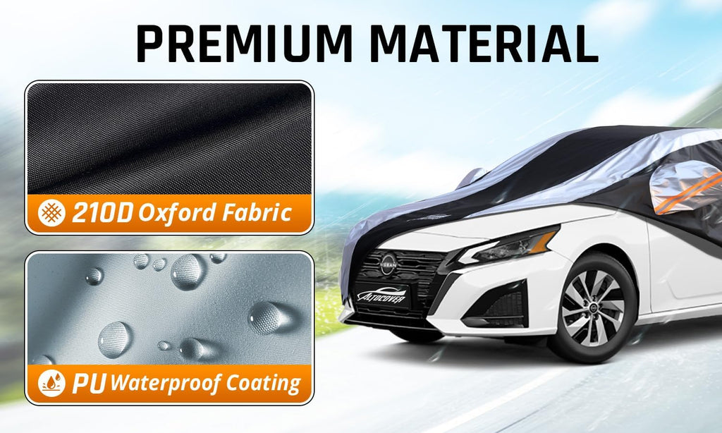 Altima Car Cover Waterproof All Weather with Silver Strip Design, Custom Fit for Altima 2005–2025, Altima Accessory with Door Zipper & Windproof Straps