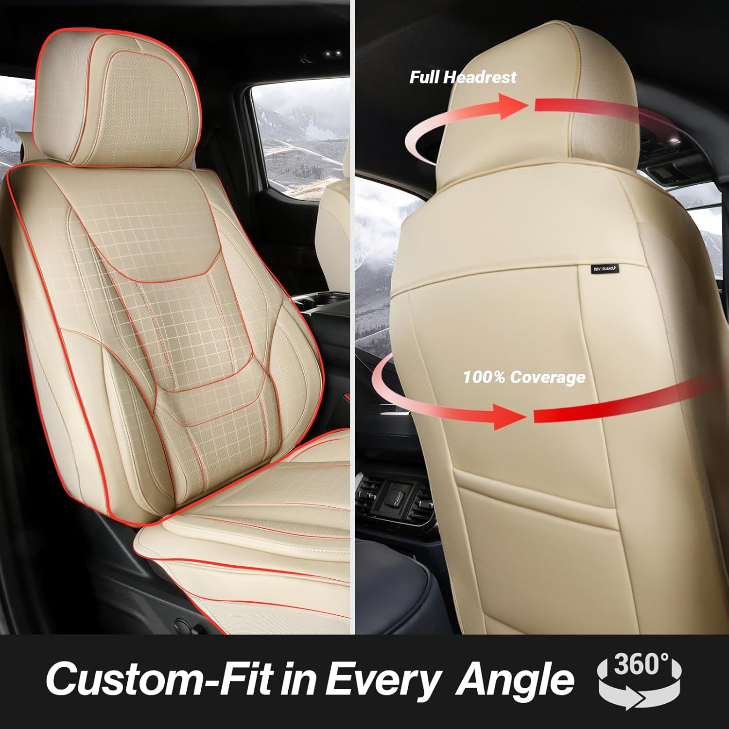 Coverland Custom Car Seat Covers Compatible with 2022-202 Tundra CrewMax, Double Cab - Premium Leather Non-Slip Memory Foam Waterproof Interior Protector Full Set-Beige [See Size Chart-Size X119]