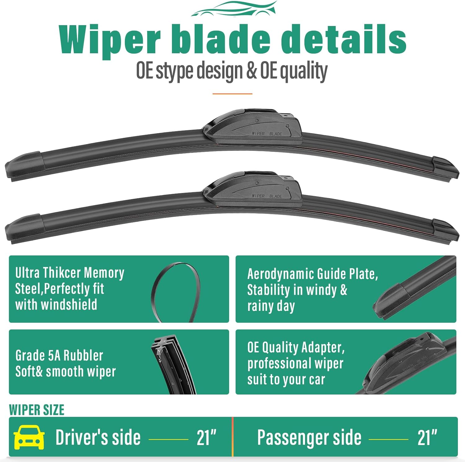 21" 21" 14" Windshield Wiper Blades Replacement for Jeep Grand Cherokee 2005 2006 2007 2008 2009 2010 Premium All Weather Front Rear Wipers Set - OEM Quality (Pack of 3)