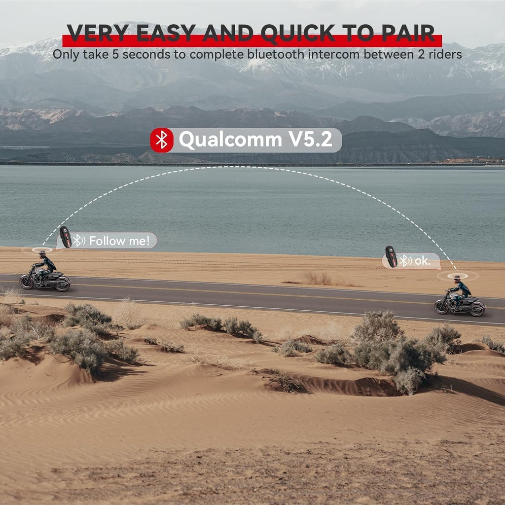 Motorcycle Bluetooth Headset V5.2 with Music Sharing, 2-Way Motorcycle Helmet Bluetooth with IP67 Waterproof, Helmet Intercom Communication Systems for Snowmobile/ATV/Ski, 1 Pack
