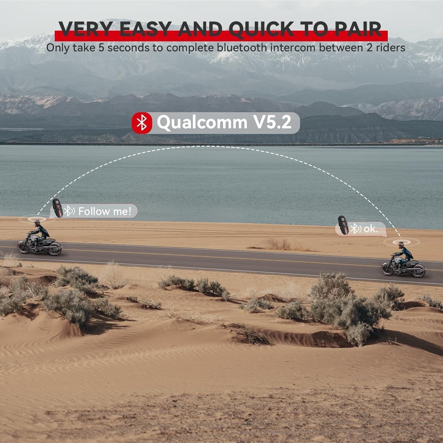 Motorcycle Bluetooth Headset V5.2 with Music Sharing, 2-Way Motorcycle Helmet Bluetooth with IP67 Waterproof, Helmet Intercom Communication Systems for Snowmobile/ATV/Ski, 1 Pack
