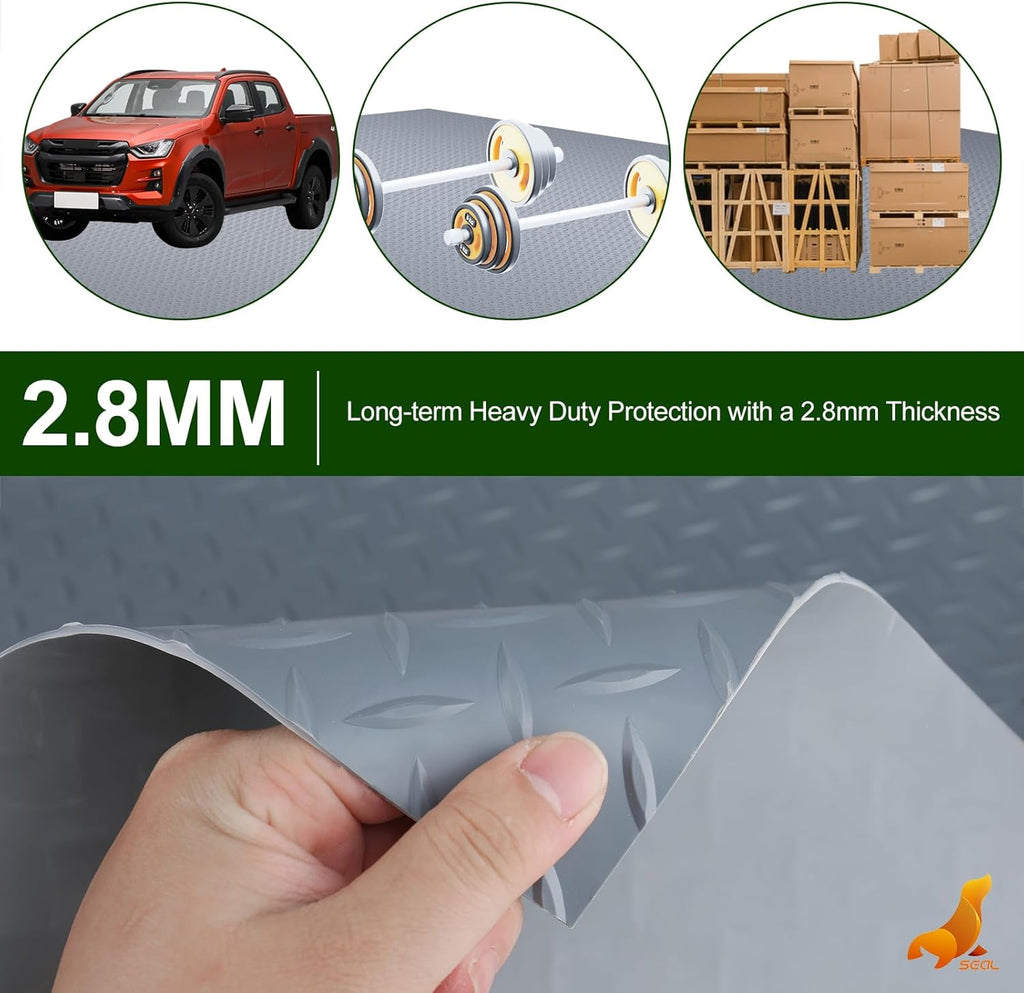 SEAL 5 x 15 Ft Premium Garage Floor Mat, Solid 2.8mm Thick Gray Commercial Grade Heavy Duty Parking Mat for Garage Floor, Golf Cart Parking, Water/Stain Resistant Floor Runner (Embossed Diamond Plate)