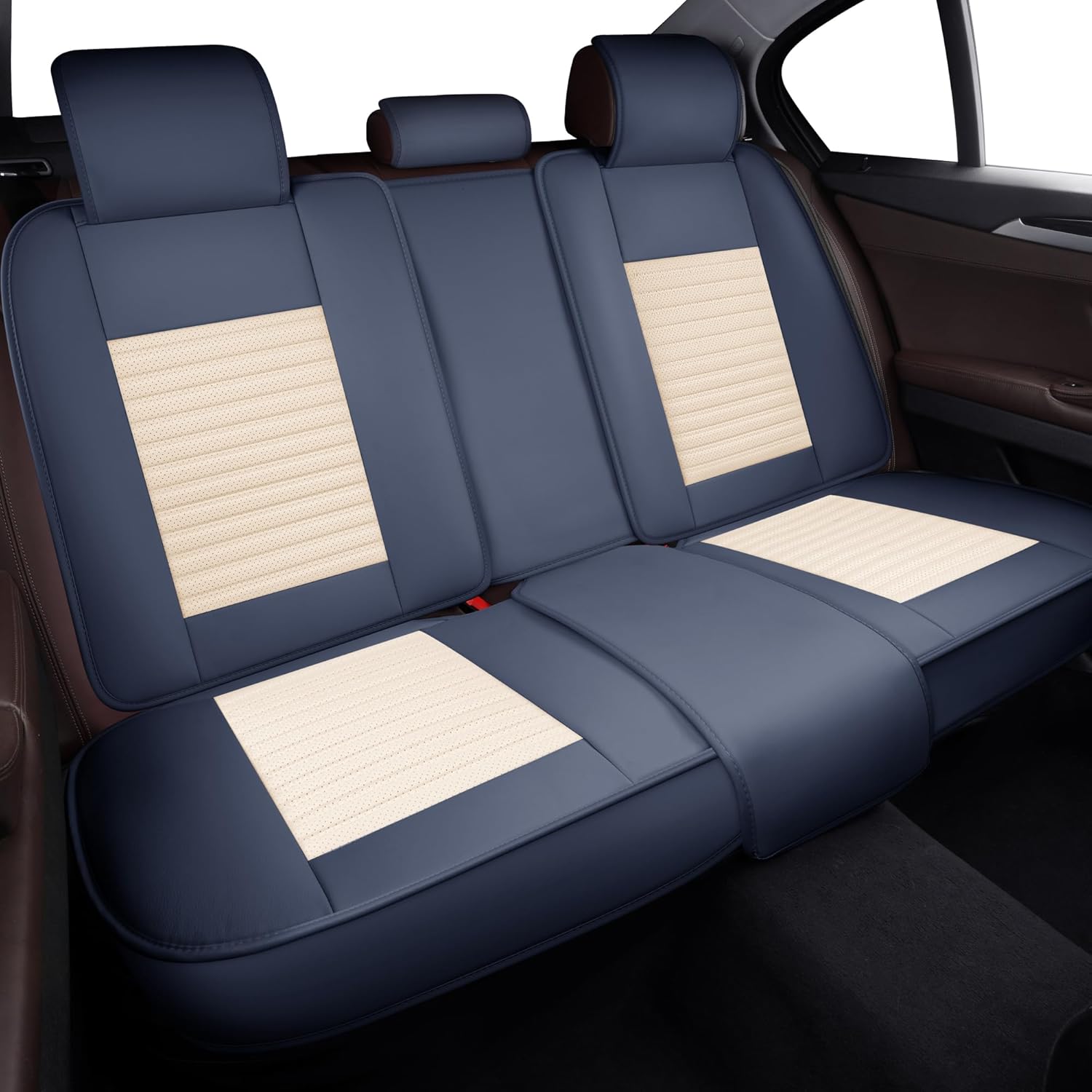 LINGVIDO Car Seat Covers, Breathable and Waterproof Faux Leather Automotive Seat Covers for Cars SUV Truck Sedan,Universal Anti-Slip Seat Cover with Backrest (Full Set, White & Blue)