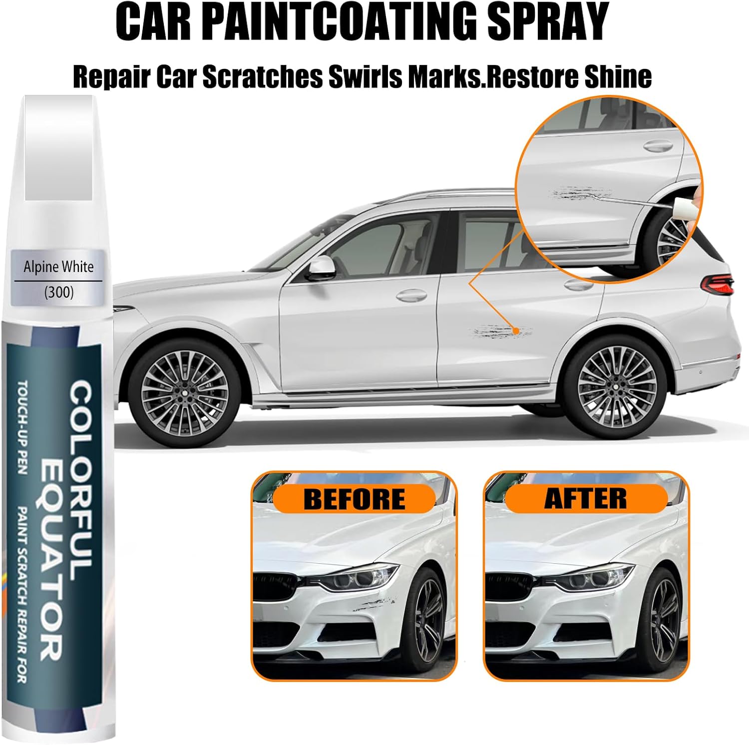 Alpine White(300) Touch Up Paint for BMW, Car Paint Pen Scratch Repair Two-In-One Touch Up Paint, Premium Car Scratch Remover for Deep Scratches