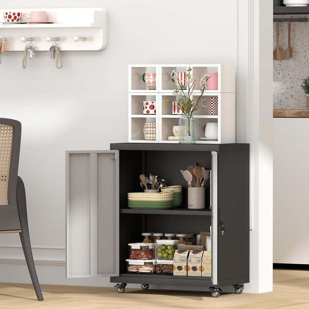 GREATMEET Garage Cabinets with Wheels,Small Storage Cabinet with Doors and Adjustable Shelves，Locking Metal Garage Storage Cabinets for Home Office Utility Room