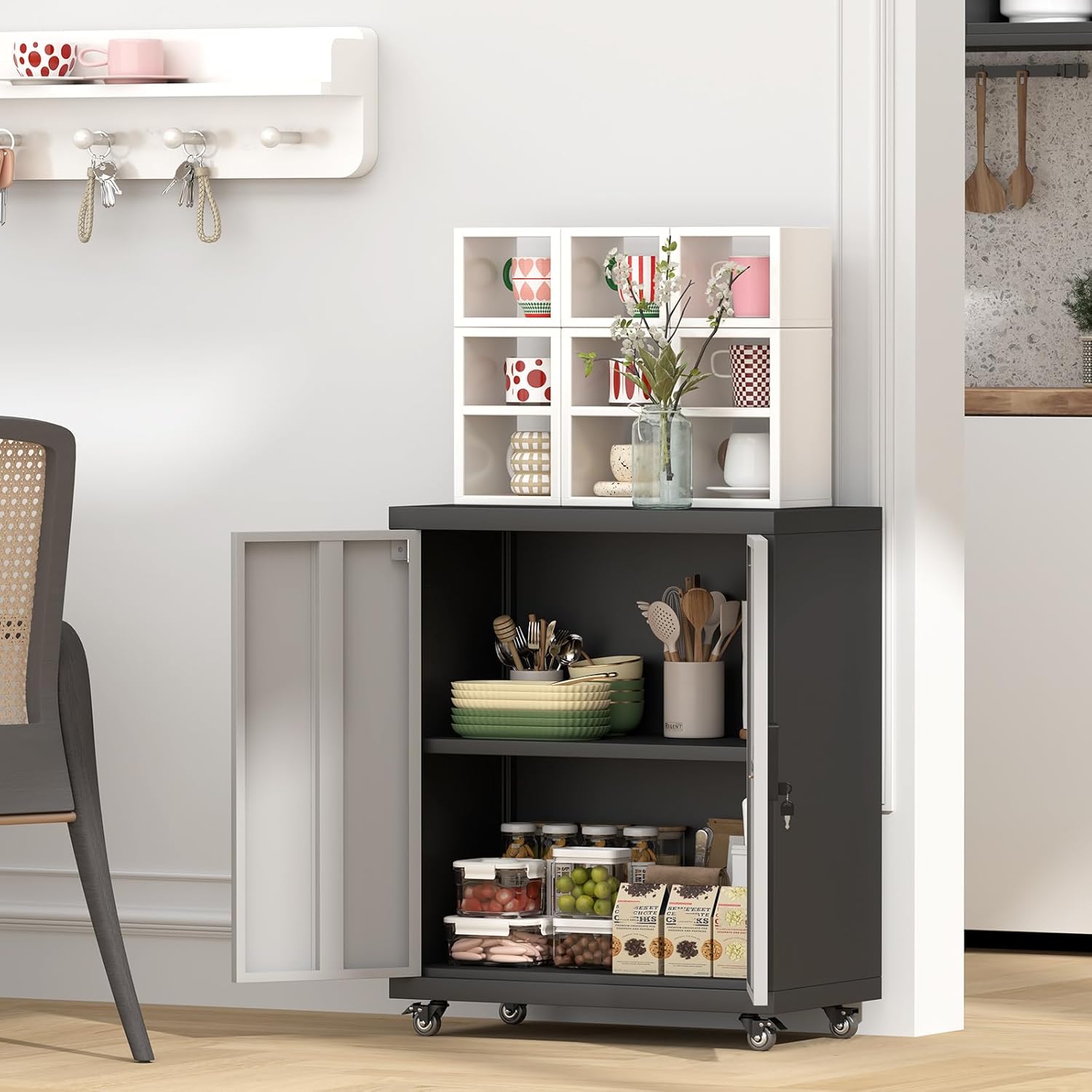 GREATMEET Garage Cabinets with Wheels,Small Storage Cabinet with Doors and Adjustable Shelves，Locking Metal Garage Storage Cabinets for Home Office Utility Room