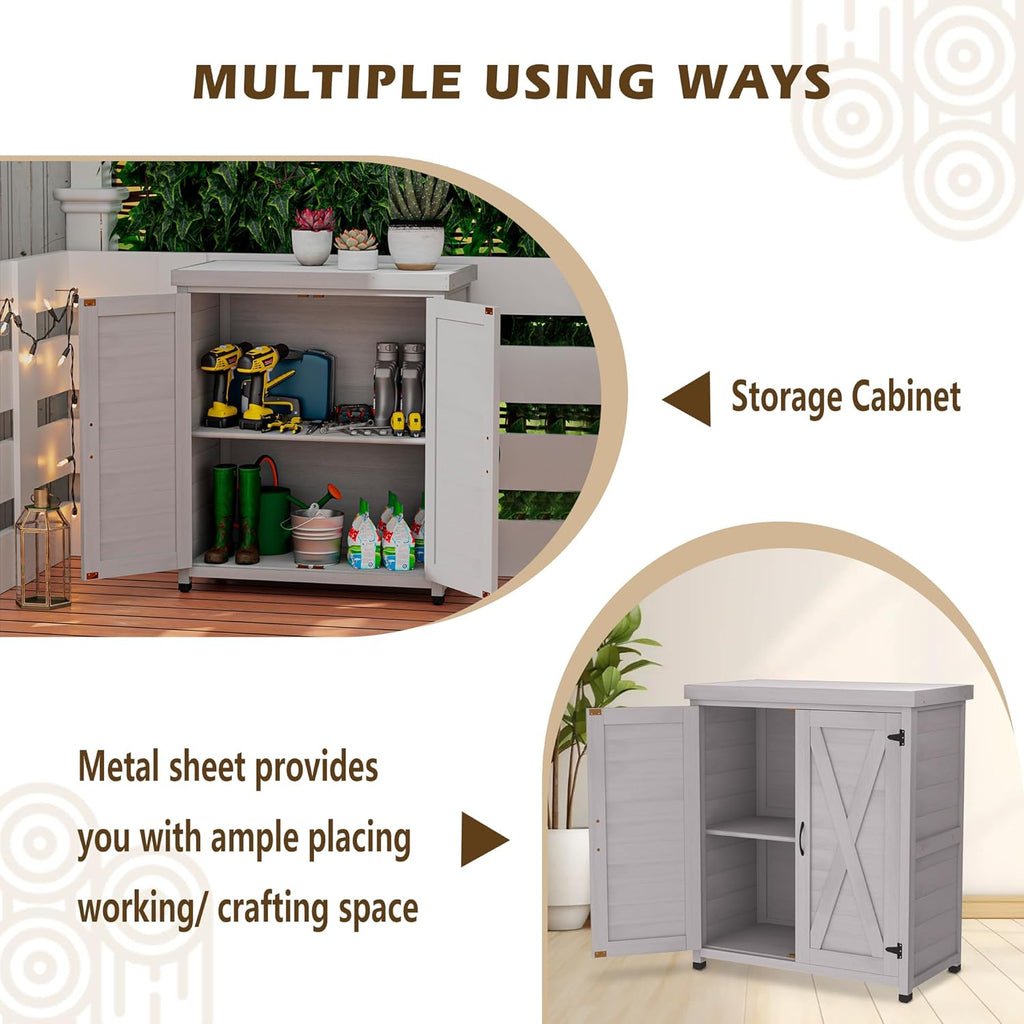 Outdoor Storage Shed Waterproof, Potting Shed with Storage Cabinet and Metal Table Top for Backyard Garden Patio,Outdoor Work Station Table