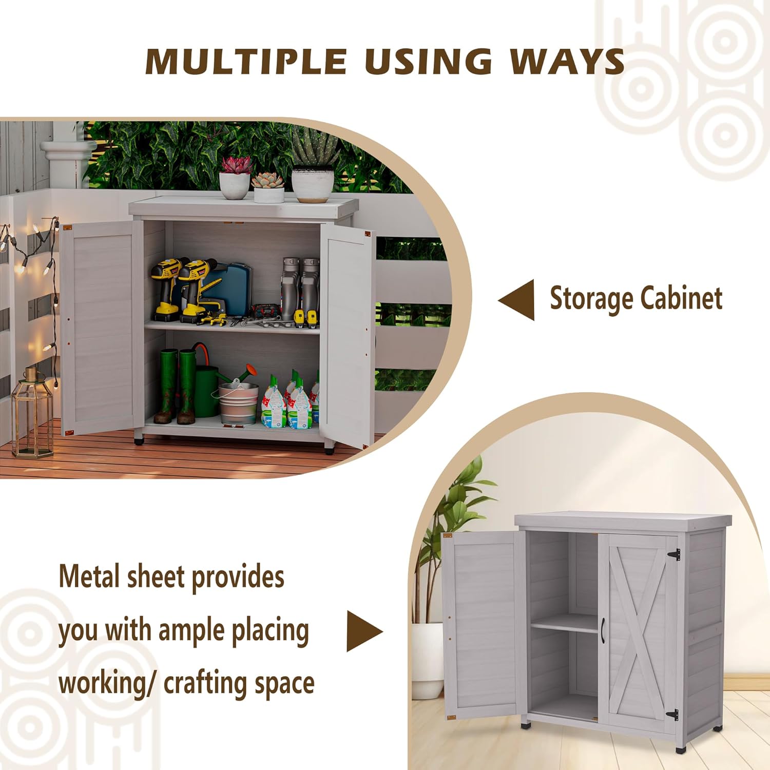 Outdoor Storage Shed Waterproof, Potting Shed with Storage Cabinet and Metal Table Top for Backyard Garden Patio,Outdoor Work Station Table