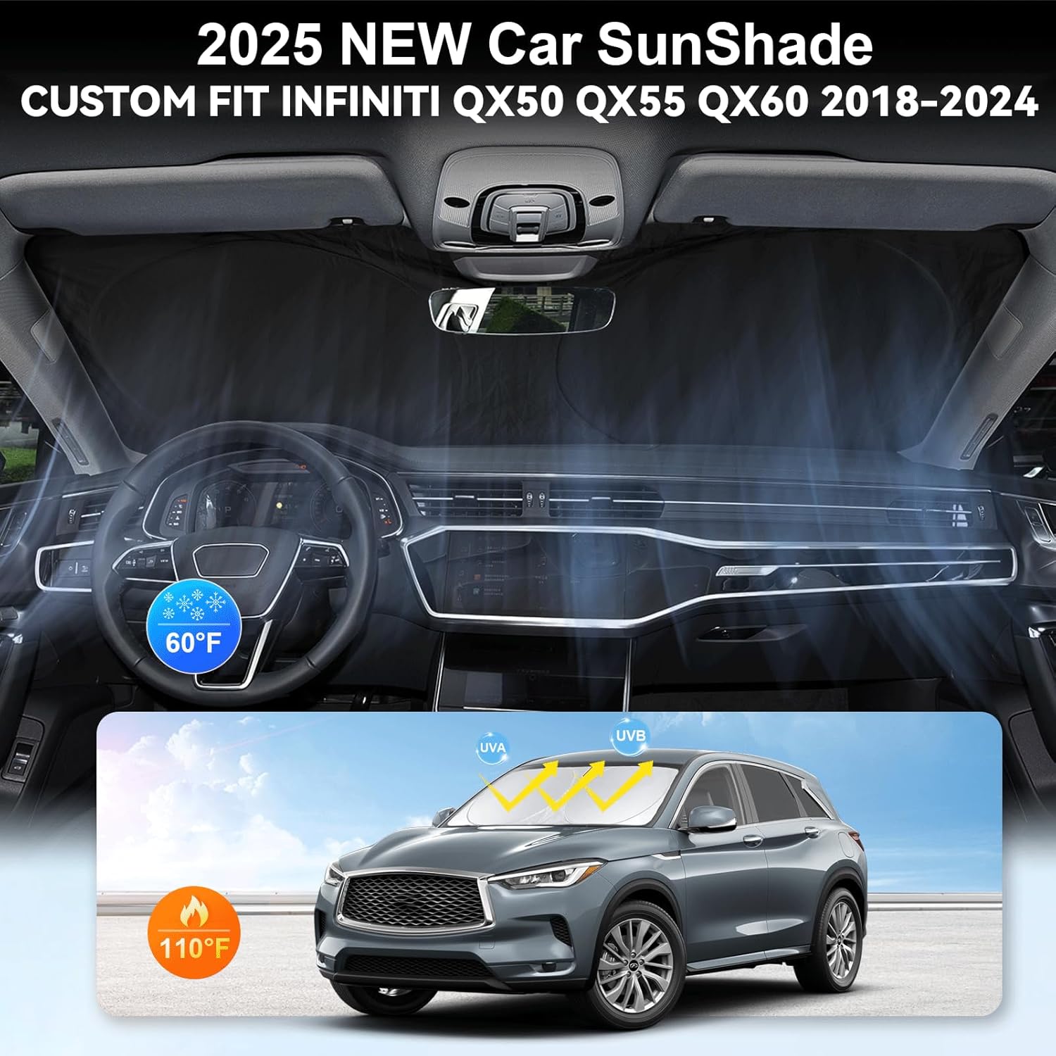 Custom Fit Infiniti QX60 Windshield Sunshade for Infiniti QX50 QX55 QX60 QX80 2026 2025-2018 Front Window Shades Cover for Windshield Sun Visor Protector 210T Reflector Blocks UV Ray Car Accessories