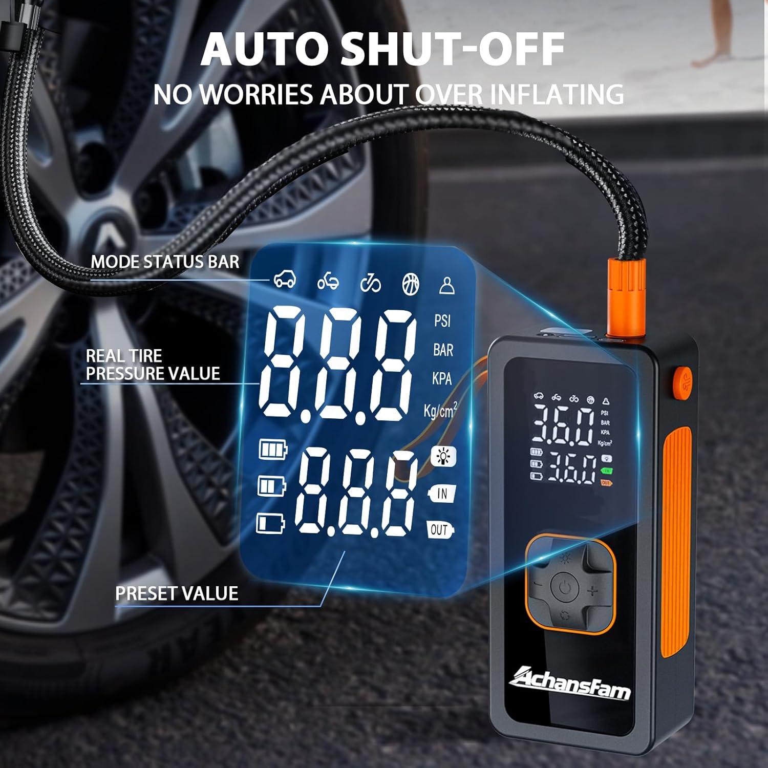 150PSI Tire Inflator Portable Air Compressor - Air Pump with Digital Pressure Gauge, LED Light, Auto Shut-Off Function - Cordless Pump for Car, Motorcycle, Bicycle, Balls and Car Accessories