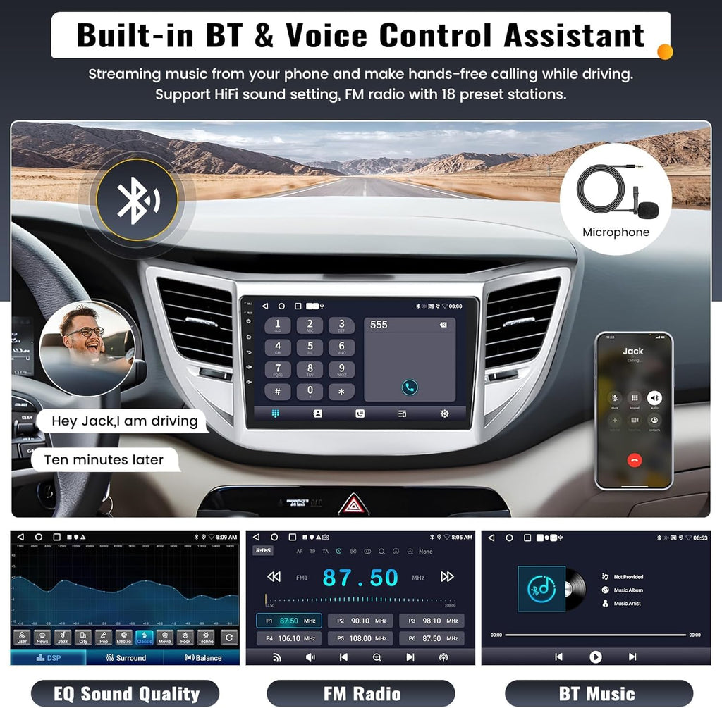 2G+64G 9 Inch Android Car Stereo for Hyundai Tucson 2015-2018 Radio Wireless Apple CarPlay Android Auto Bluetooth Touchscreen GPS Navigation Head Unit WiFi FM USB SWC Split Screen+AHD Backup Camera