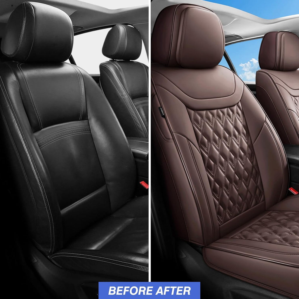 Car Seat Covers Full Set, Leather Seat Covers for Cars, Car Seat Protector Waterproof, Non-Slip Car Interior Covers Fit for Most Cars, SUV, Vans, Trucks,2Seaters,Full Set,Brown
