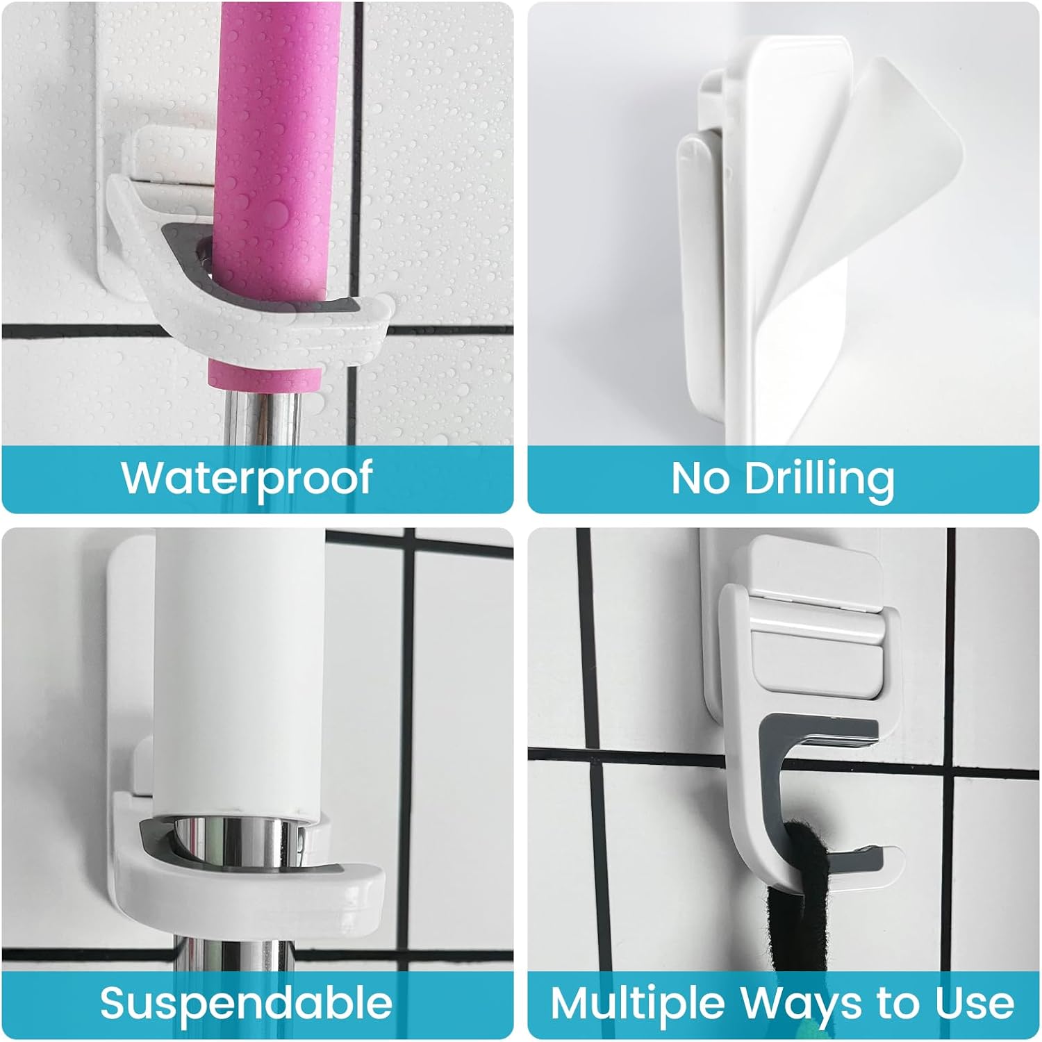 Broom Holder Wall Mount, 4 Pack Broom and Mop Organizer Wall Hanging Self Adhesive, No Drilling, Anti-Slip Broom and Mop Hanger Wall Mount Cleaning Ideal for Bathroom, Kitchen, Garden, Garage