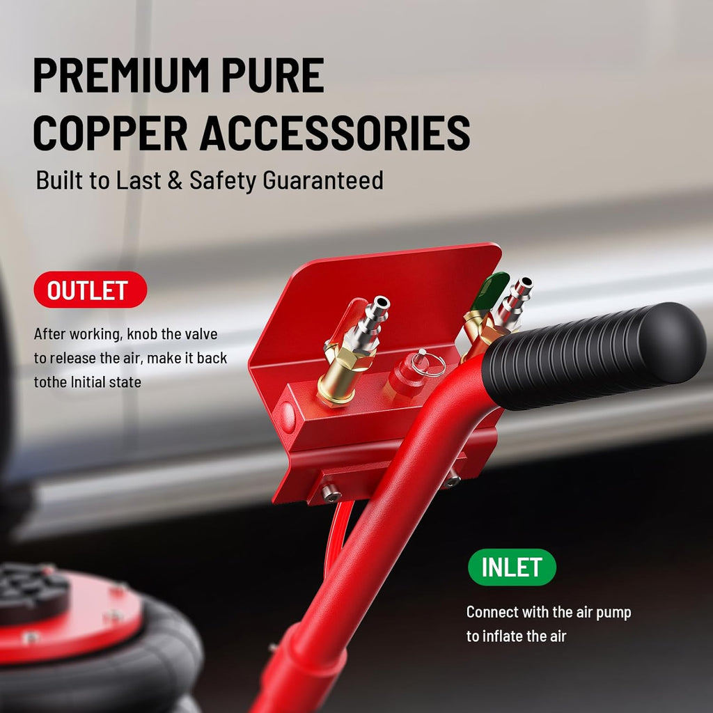 Air Jack, 5 Ton/11000 lbs Triple Bag Car Jack, Airbag Jack with Six Steel Pipes, Lift up to 17.7 inch, 3-5 s Fast Lifting Pneumatic Jack with Long Handle for Cars, Garages, Repair(Red)