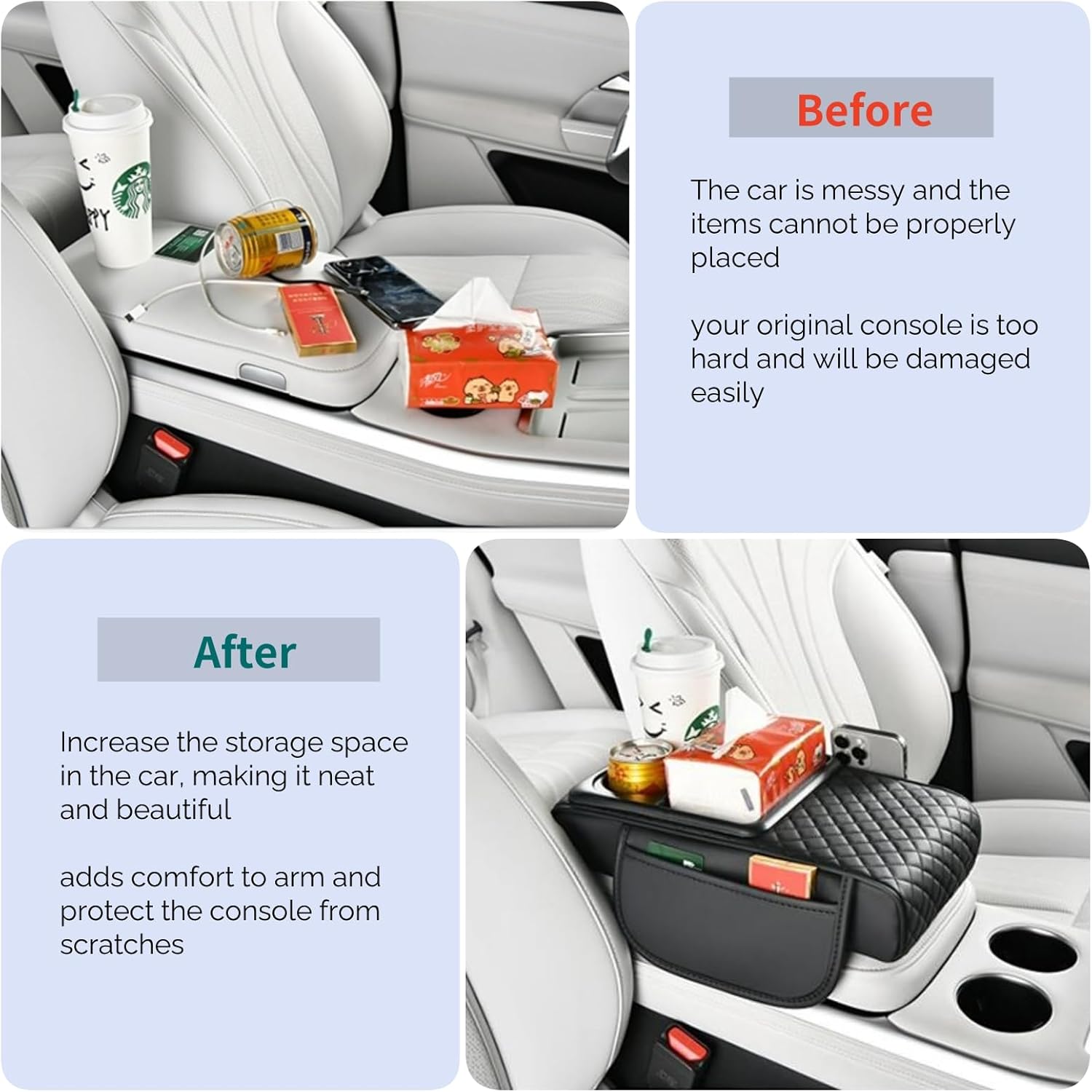 Upgrade Arm Rest Cover for Car, 5-in-1 Middle Console Cover Cushion Pad with Cup Holders & Side Pockets, Center Armrest Storage Box, Gray