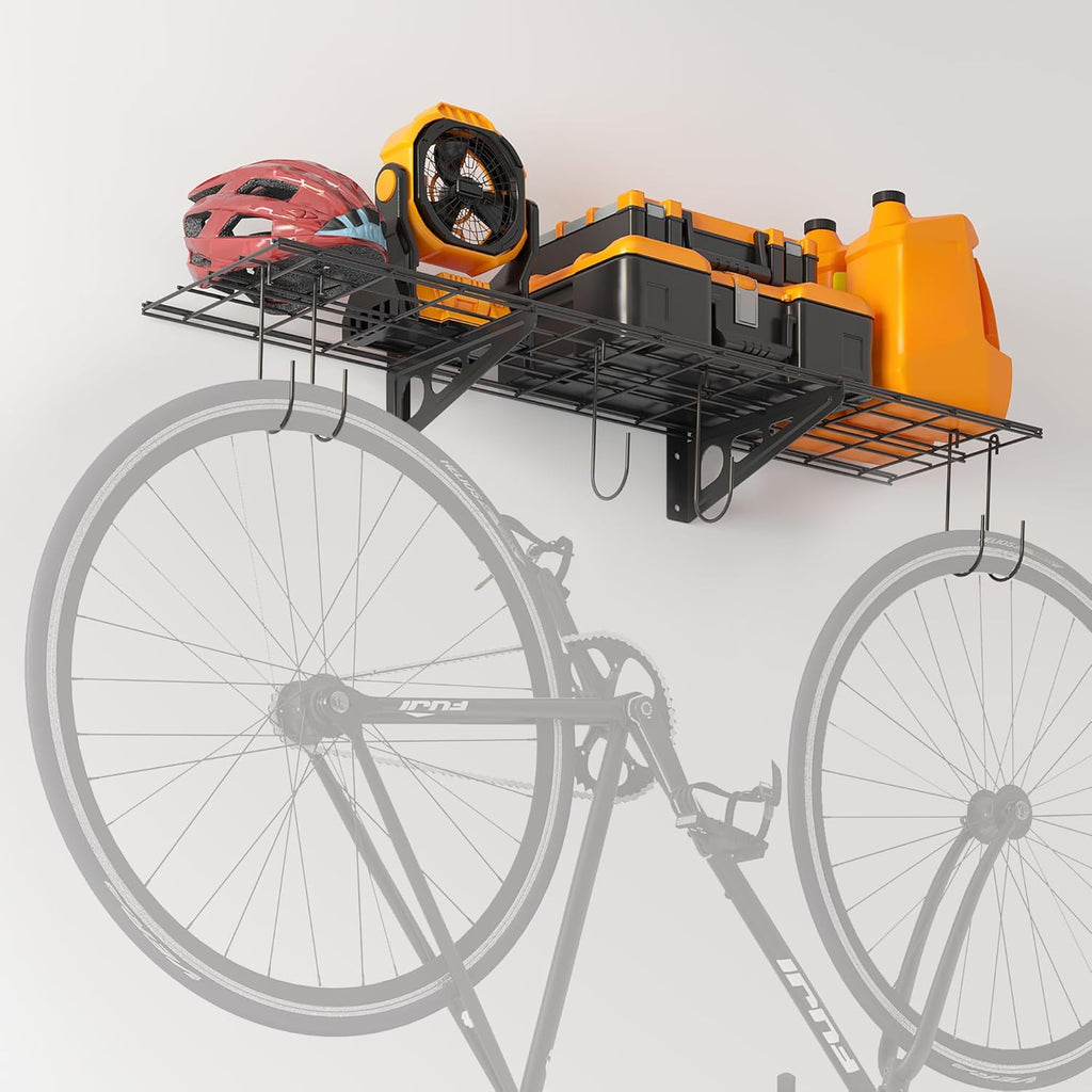 1x4 ft Garage Shelving with 6 Bike Hooks, 1-Pack Wall-Mounted Shelve for Garage, Kitchen, Pantry Storage, 150 lbs Total Load Capacity Wall Shelving, Black