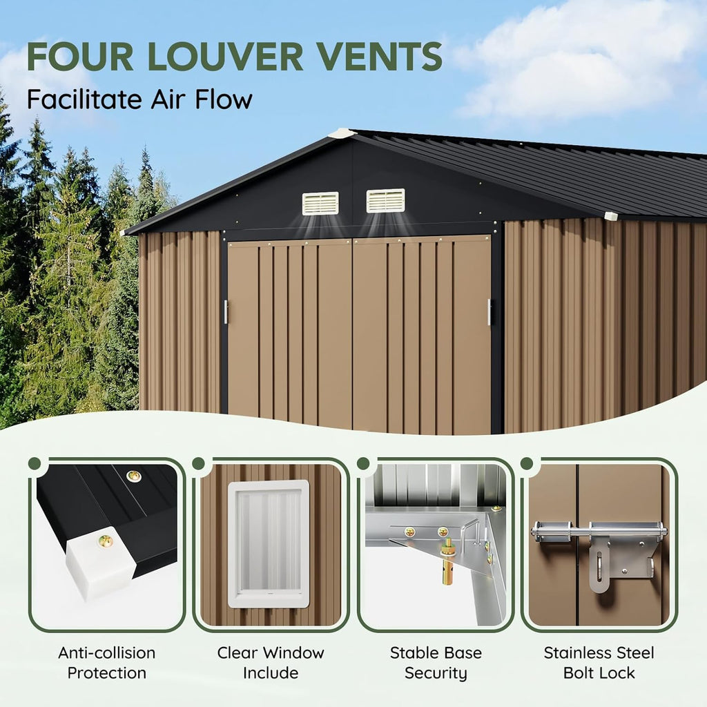 10x10 FT Outdoor Metal Storage Shed with Floor Frame, Double Swing Doors, 2 Clear Windows,Tool Shed for Garden, Patio, Backyard Brown