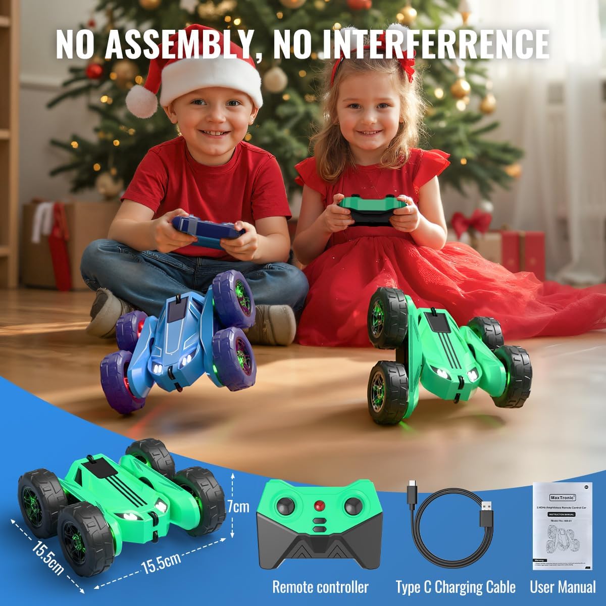 MaxTronic Remote Control Car, Rechargeable RC Cars & Remote - 20km/h Double Sided 360° Rotation Stunt Stunt Crawler with LED Lights for Boys Girls Aged 3-12
