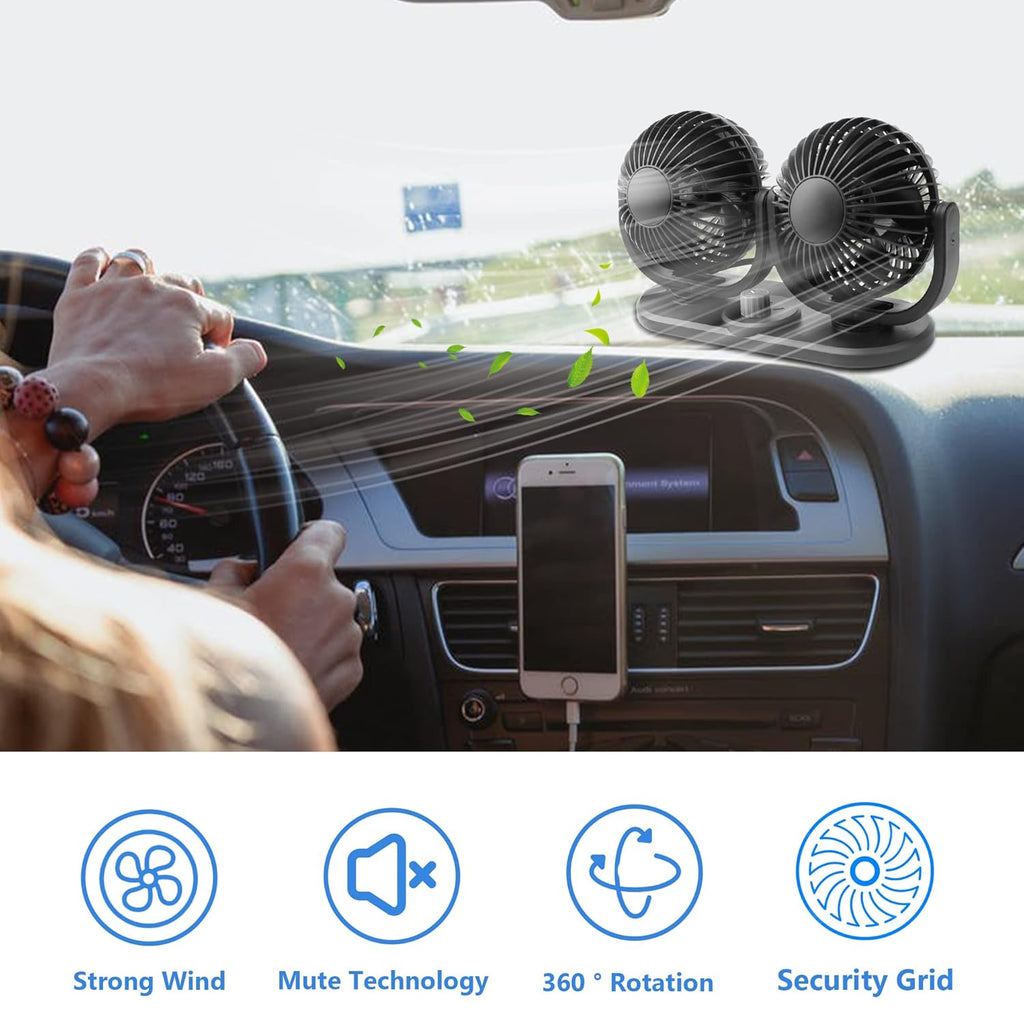 12V Car Fans Cooling Air Fan Powerful Dashboard Electric Dual Car Fan Cigarette Lighter Low Noise 360 Degree Rotatable for Truck Vehicle Boat Van SUV RV