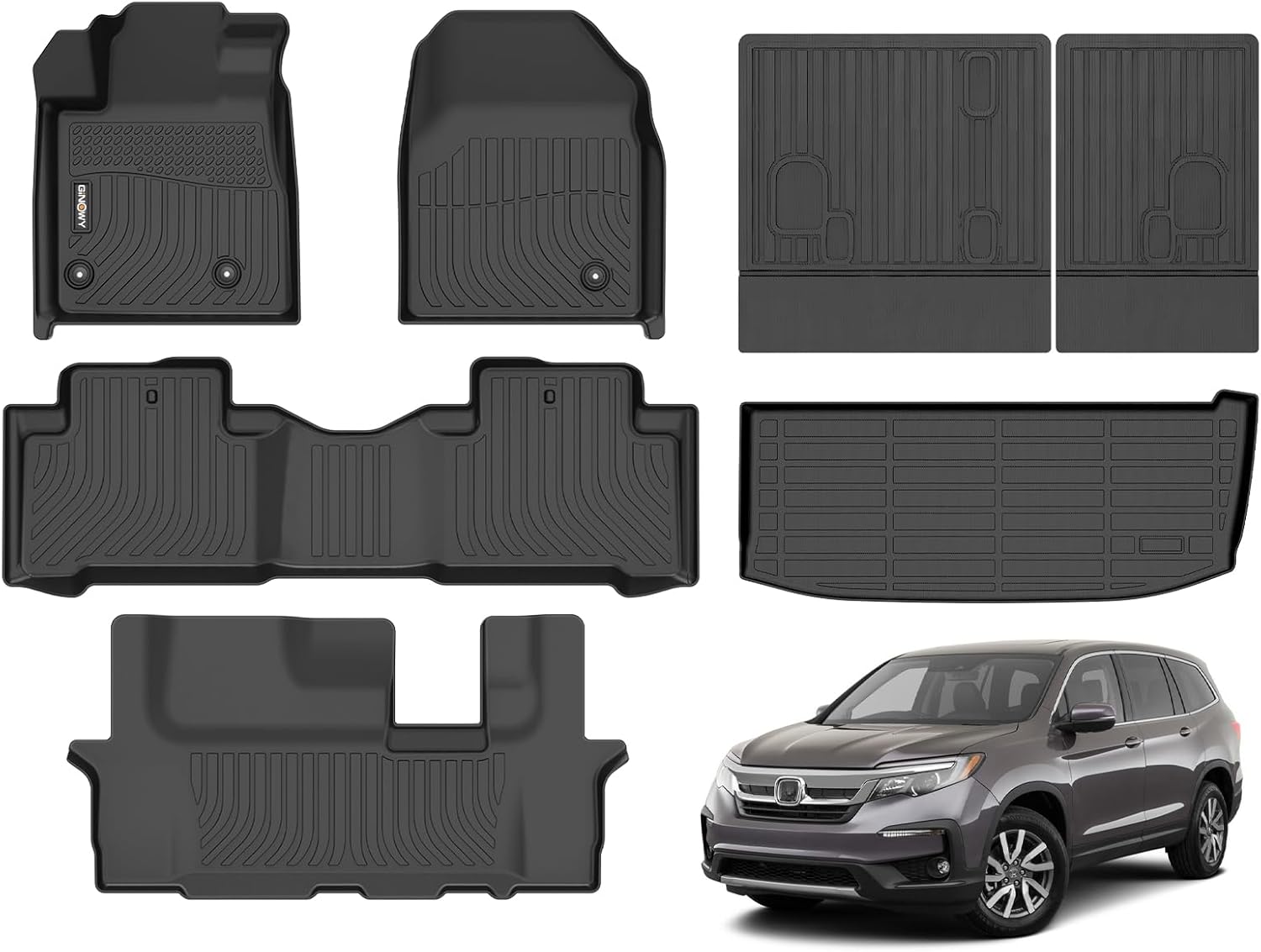 GINOWY- Floor Mats & Cargo Liner for Honda Pilot 2009-2015, All Weather Protection Car Mats Pilot 2015 Non-Slip Waterproof Pilot Trunk Mat Backrest Mats Automotive Floor Liners Accessories Black